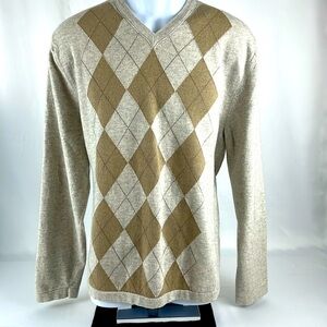 Banana Republic Cotton Cashmere Argyle Sweater XL Tan Heathered Cream/Gray Brown